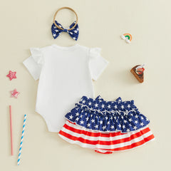 Baby Girl Star Pattern Independence Day Outfit With Matching Headband