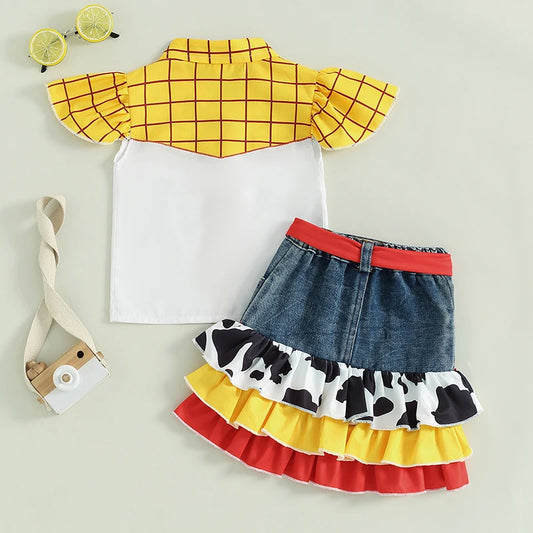 Baby Girls Plaid Print Cow Pattern Ruffles Patchwork Denim Skirt Outfit