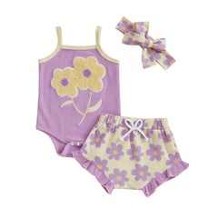 Baby Girl Embroidered Romper, Ruffle Shorts & Headband Set