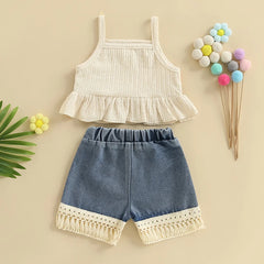 Baby Girls Flowers Camisole with Tasseled Denim Shorts Set