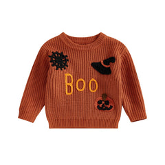 Toddler Unisex Pumpkin & Witch Hat Embroidery Halloween Knit Sweater