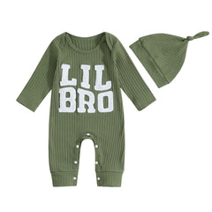 Newborn Baby Boy "Lil Bro" Ribbed Romper & Hat Set