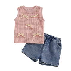 Baby Girl Sleeveless Bow Front Tank + Denim Shorts Outfit