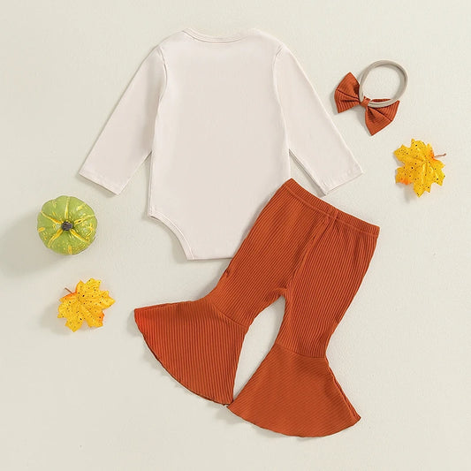 0–18M Baby Girl Pumpkin Print Romper, Flare Pants & Hairband  Halloween Outfit Set