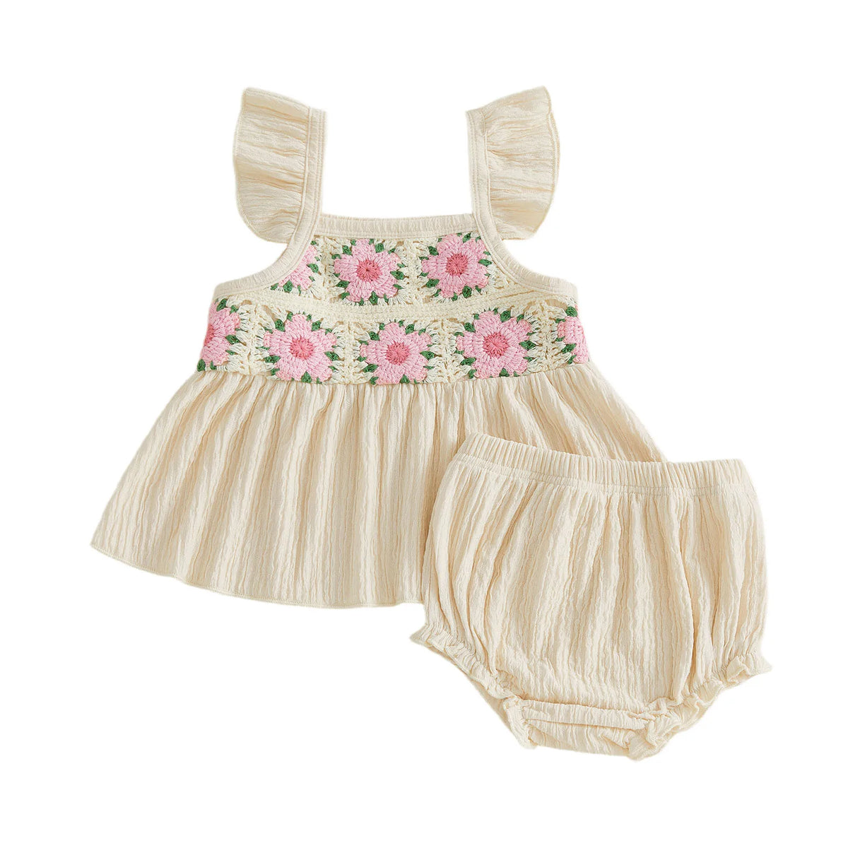 Baby Girl Summer Crochet Flower Tops + Shorts Set
