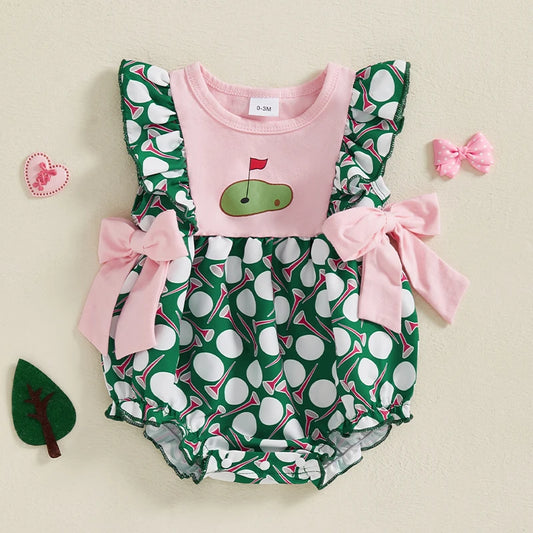 Baby Girl Ruffle Sleeveless Golf Ball Print Bow Romper