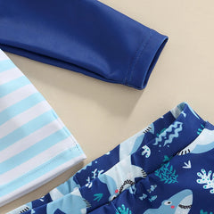Baby Boy Cartoon Striped Shark Print Swimsuit