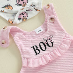 Baby Girl Pumpkin Print Halloween Romper & Dress Set with Bow Headband