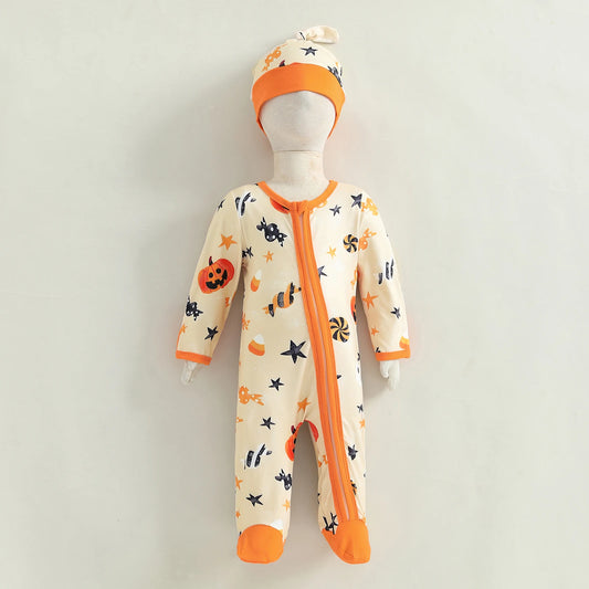 Baby Boy Halloween Pumpkin Romper & Knot Hat 2pc Set