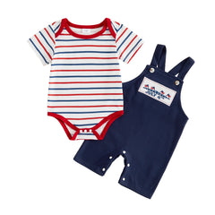 Baby Boys 4th of July Outfit Striped Romper with Flag Embroidery Overalls