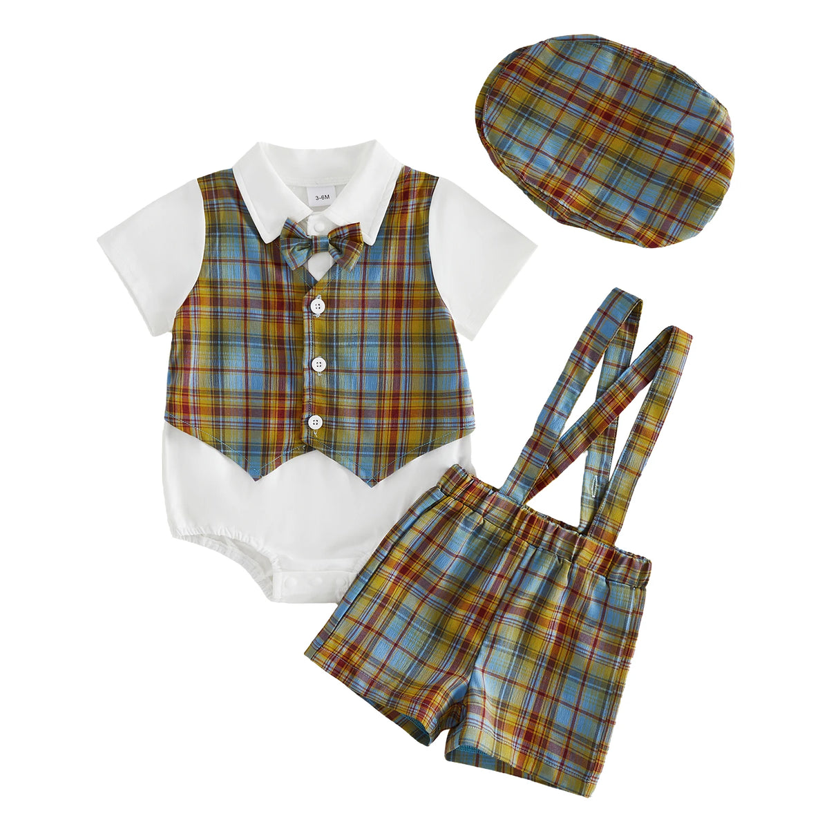 Baby Boys Plaid Overall Shorts and Hat Outfit