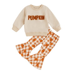 Baby Girls Halloween Letter Embroidered Long Sleeve Sweatshirt + Plaid Pumpkin Flare Pants Outfit