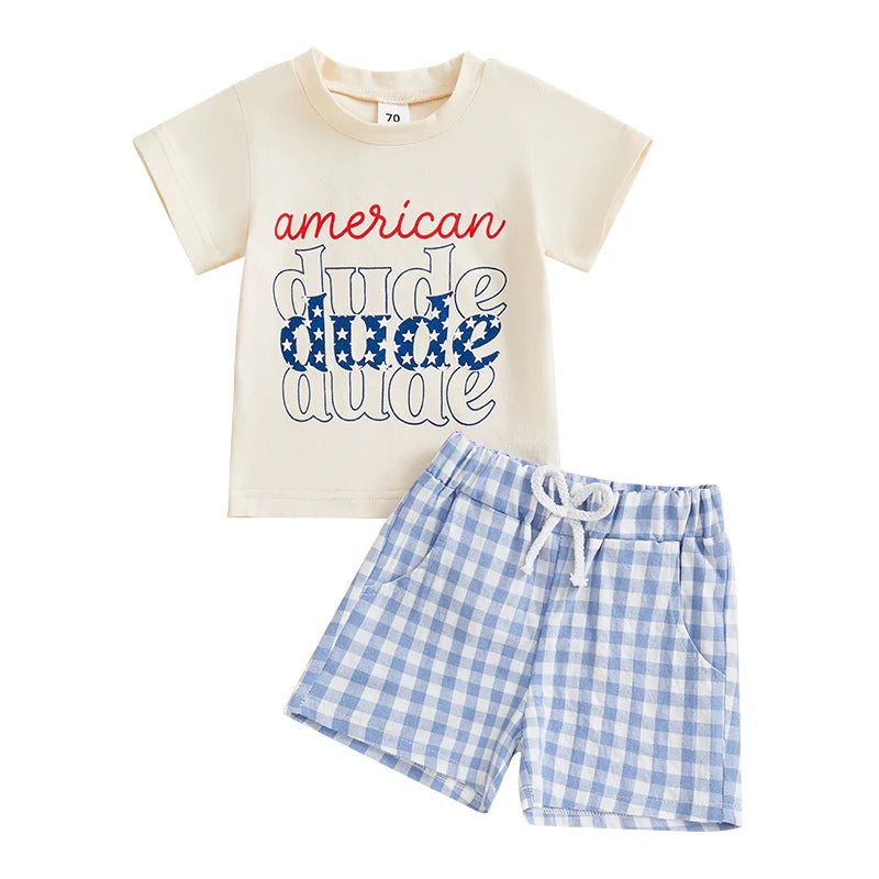 Baby Boys Patriotic 4th of July T-Shirt and Elastic Plaid Shorts Set