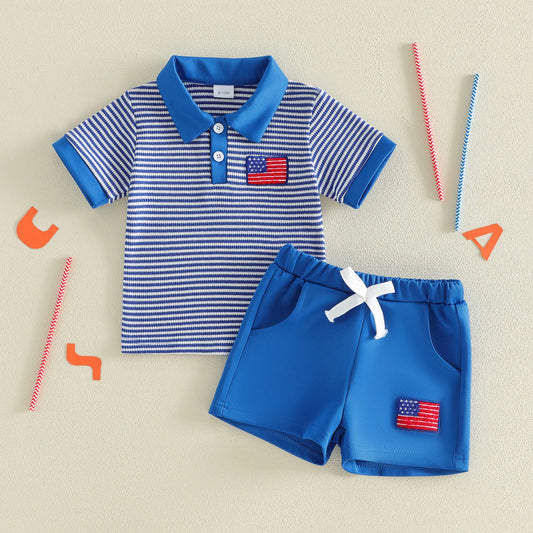Baby Boys Independence Day Lapel Flag Embroidery Shorts Sets