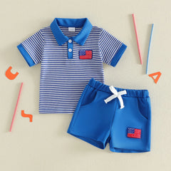 Baby Boys Independence Day Lapel Flag Embroidery Shorts Sets