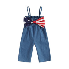 Toddler Girls 4th of July Strip Stars Bowknot Print Overalls