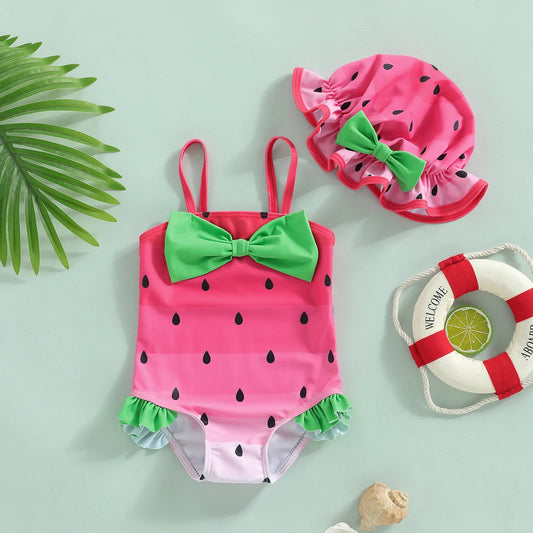 Baby Girl Watermelon Print Swimsuit With Hat