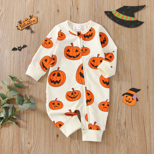 0–24M Baby Boy Halloween Long Sleeve Zipper Pumpkin Romper