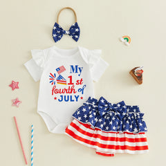Baby Girl Star Pattern Independence Day Outfit With Matching Headband