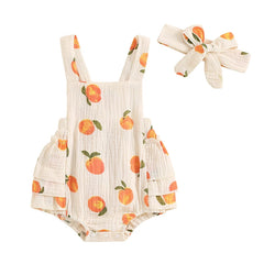 Baby Girls Peach Print Sleeveless Ruffled Jumpsuit with Bow Headband