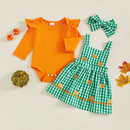 Baby Girl Ruffle Romper, Plaid Pumpkin Dress & Headband Fall Outfit