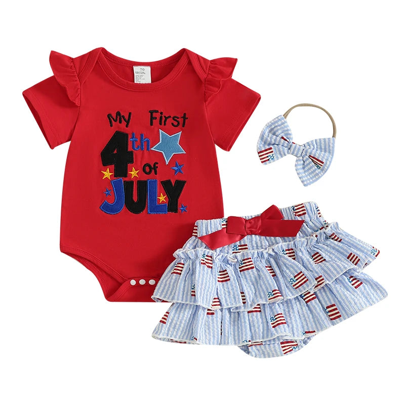 Baby Girl 4th of July Romper + Stripe Ruffled Shorts+Bow Headband