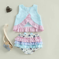 12M - 3T Baby Girl Sleeveless Golf Embroidery Tank Tops + Ruffle Shorts Set