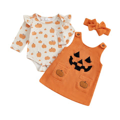 Baby Girl Pumpkin Long Sleeve Onesie, Dress & Headband Halloween Set