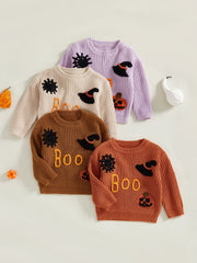 Toddler Unisex Pumpkin & Witch Hat Embroidery Halloween Knit Sweater