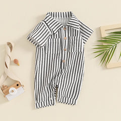 Baby Boy Striped Summer Romper – Short Sleeve, Easy Snap