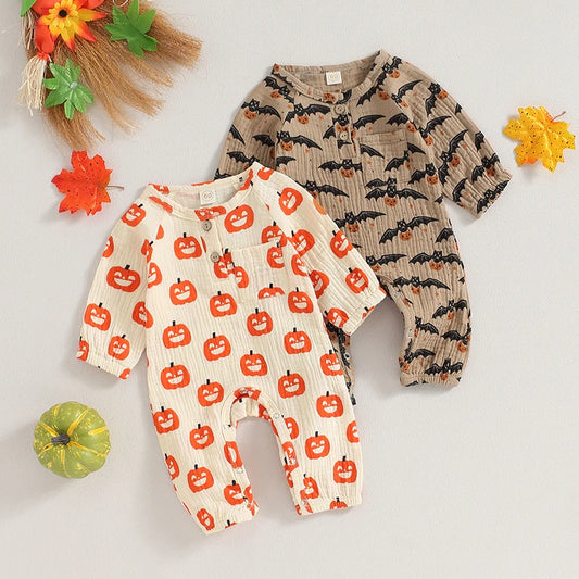 Unisex Baby Long Sleeve Pumpkin Bat Print Halloween Romper