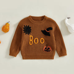 Toddler Unisex Pumpkin & Witch Hat Embroidery Halloween Knit Sweater