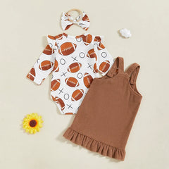 Baby Girl Long Sleeve Romper, Ruffled Overall Dress & Bow Headband Outfit