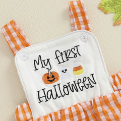 Baby Boy Halloween Pumpkin & Ghost Embroidery Plaid Romper
