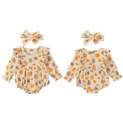 Baby Girl Pumpkin Print Halloween Onesie with Ruffles & Headband