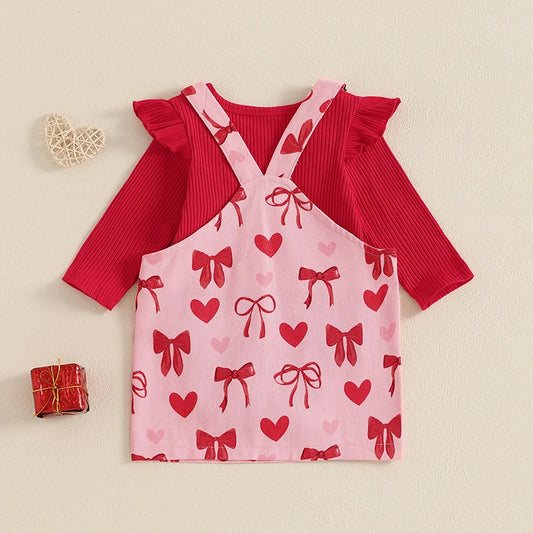 Baby Girl Ribbed Romper and Heart-Print Valentine’s Overall Dress Set