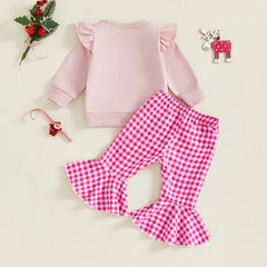 Toddler Baby Girl Embroidered Pullover & Plaid Bell Bottoms Christmas Set