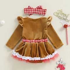Baby Girl Christmas Gingerbread Romper Dress & Bow Set