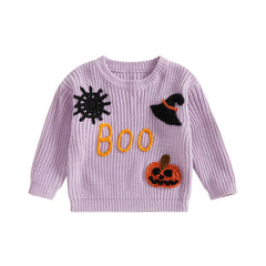 Toddler Unisex Pumpkin & Witch Hat Embroidery Halloween Knit Sweater