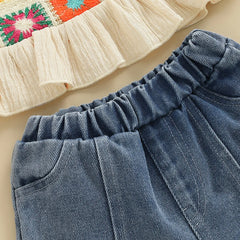 Baby Girls Flowers Camisole with Tasseled Denim Shorts Set