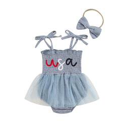 Baby Girl 4th of July Letter Print Romper Dress and Headband Set