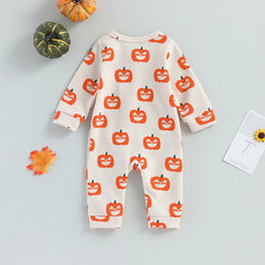 0–24M Baby Long Sleeve, Zipper, Fall/Halloween Pumpkin Romper