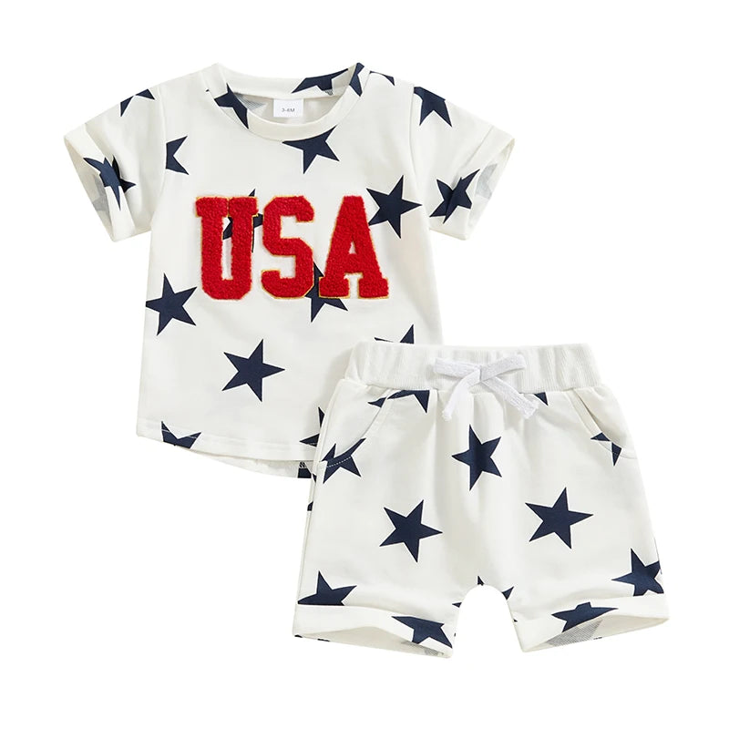 Baby Boys 4th of July Short Sleeve Embroidery Letters T-shirt with Stars Print Outfit