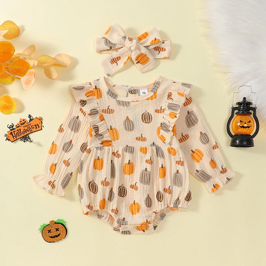 Baby Girl Pumpkin Print Halloween Onesie with Ruffles & Headband