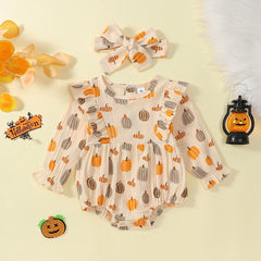 Baby Girl Pumpkin Print Halloween Onesie with Ruffles & Headband