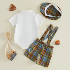 Baby Boys Plaid Overall Shorts and Hat Outfit