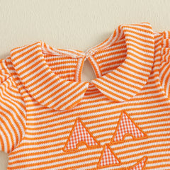 Baby Girl Short Sleeve, Doll Collar & Striped Print Halloween Romper