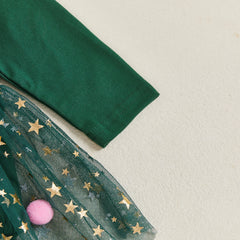 Baby Girls Christmas Romper Dress with Letter Print, Star Mesh Sleeves & Matching Headband Set