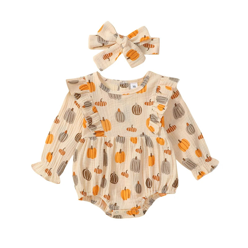 Baby Girl Pumpkin Print Halloween Onesie with Ruffles & Headband