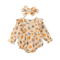 Baby Girl Pumpkin Print Halloween Onesie with Ruffles & Headband